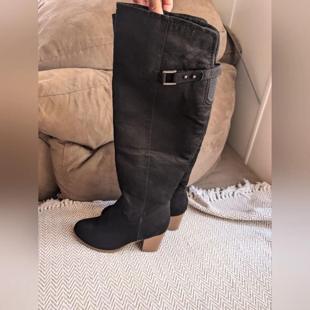 Sugar Suede Black Over the Knee Boots with Tan Heel Baddie Size 9